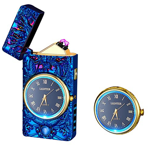 RSBYE Encendedor Eléctrico Dragon con Reloj, Encendedor de Plasma de Doble Arco, Elegante Encendedores Personalizado, Encendedores USB Recargable para Hombre y Mujer con Caja de Regalo (Azul)