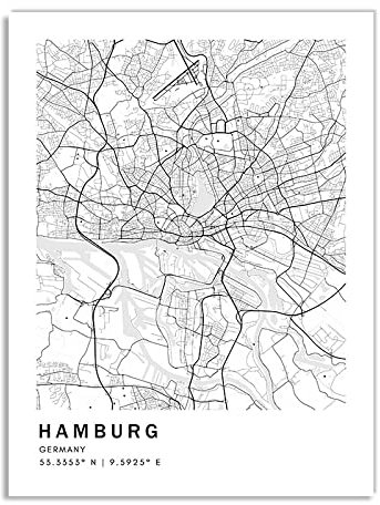 Leinwand Bilder,Hamburg, Deutschland, Karte, Poster, Drucke, Kunstwerke, Rahmenlose Bilder, Moderne Schwarz-Weiß-Gemälde, Souvenir Für Wohnzimmer, Schlafzimmer, Heimdekoration, Geschenk, 70 X 100 Cm