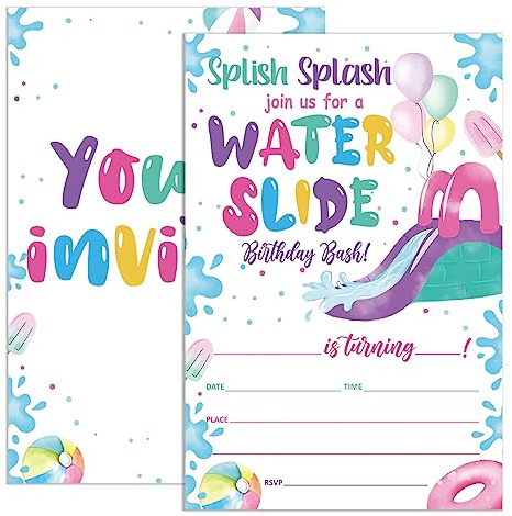 Waterslide Birthday Invitations Girl with Envelopes, Summer Invites for Girls Birthday Party Pool, Colorful Water Slide Birthday Party Invitations Cards, 4x6 Set of 20, Splish Splash Water Slide