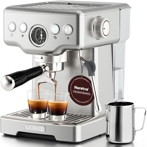 Neretva Máquina de espresso, 2 en 1 de acero inoxidable y máquina de café espresso, 1450 W, 15 bares, cafetera espresso para espresso, latte, macchiato, capuchino, ideal para el hogar, barista (plata)