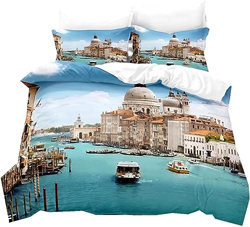 OAXACO Bettwäsche 140x200 Italien 3D Bettwäsche-Sets Venedig Weiche Atmungsaktiv Mikrofaser Bettbezug und 2 Kissenbezug 80x80 mit Reißverschluss