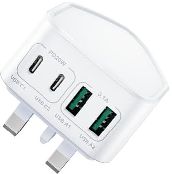 USB C Plug, 40W 4-Port USB C Fast Charger Plug Dual Port PD Power Adapter + QC Wall Charger, Multi USB Plug UK Type C Charging Plug for iPhone 15 14 13 12 11 Pro Max SE XS XR, iPad, Samsung, Tablet