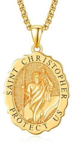 TANGPOET 925 Sterling Silber Heiliger Christophorus Anhänger Halskette für Damen Männer 24K Vergoldet Schutzpatron der Reisenden Glücksbringer Medaille Schmuck Reisegeschenke mit 20 +2 Kette