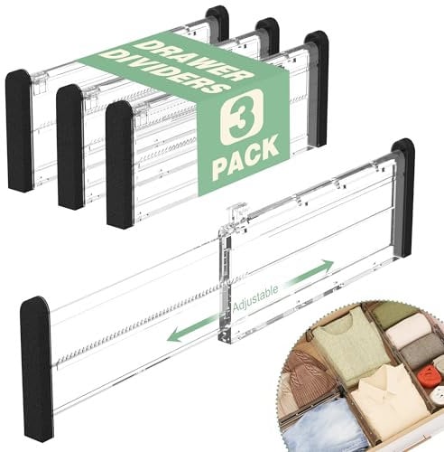 FUNIZE Adjustable Drawer Dividers, 4'' High Expandable Drawer Organizers for Clothes, 3 Pack 12.6-22.8'' Drawer Separators for Kitchen/Bedroom/Office/Bathroom Organization and Storage-Clear
