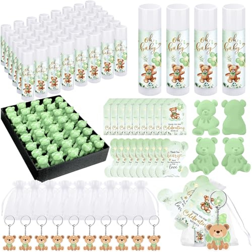 Dansib 288-teiliges Gastgeschenk-Set für Babypartys, Grün, Bär | Lippenbalsam, Seife & Schlüsselanhänger, 48 Sets mit Organzabeuteln & Etiketten, für Babyparty & Gender Reveal