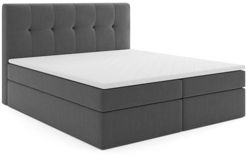 MRGROUP Boxspringbett mit Bettkasten PATRYCJA 140 x 200 cm geflechtes Stoff Polsterbett mit Bonell-Matratze und Topper Doppelbett mit Stauraum Bett für Schlafzimmer Gepolstertes Kopfteil H3 dunkelgrau