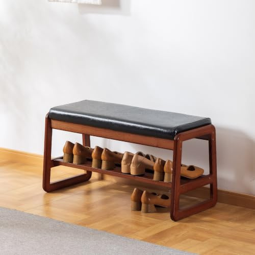 SOBIBO Solid Wood Shoe Bench, 2-Tier Wooden Storage Entryway Bench, Mid-Century Modern Shoe Bench Rack, End of Bed Bench with Faux Leather Cushion for Hallway, Living Room (Black, 80cm，31.5 inches)