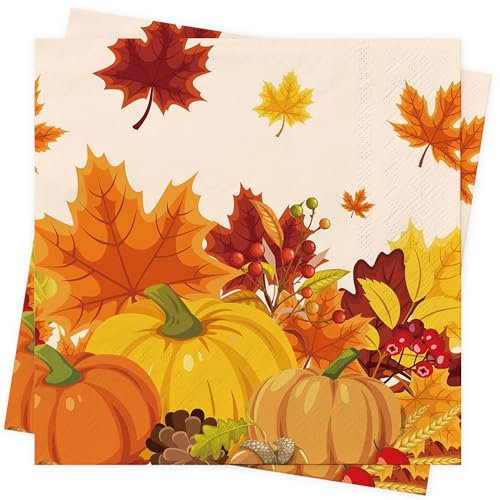 40Stück Servietten Herbst Thanksgiving Herbst Tischdeko Thanksgiving Deko Papierservietten Cocktail Servietten Herbst mit Herbstblätter Kürbis Halloween Servietten Ernte Herbst Party Zubehör 33x33