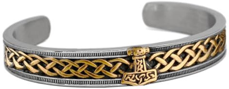 DPGOLDP Viking Stainless Steel Bracelet for Men Mjölnir Thor Hammer Valknut Nordic Runes Amulet Metal Cuff Bangle Punk Jewellery Gift,Mjolnir Gold