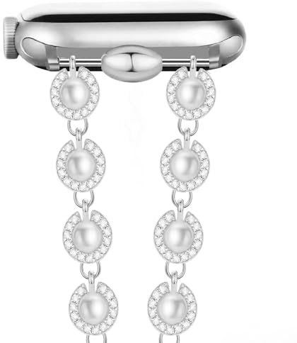 MORWLAT Pearl Bracelet Compatible for Apple Watch Band 41mm 40mm 38mm Series 10 9 8 7 SE 6 5 4 3, Women Fashion Slim Jewelry Metal Apple Watch Band Bling Bracelets for iWatch Bands Series 2 1