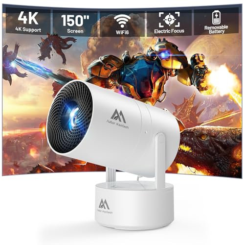 [Eingebauter Akku] Aubor Mentech Mini Beamer 4K Heimkino, Mini Projektor, Beamer WiFi6 und BT5.2 mit Android OS, Auto Trapezkorrektur, 180-Grad-Winkel, 150-Zoll-Display für Phone/PC/Xbox, HDMI
