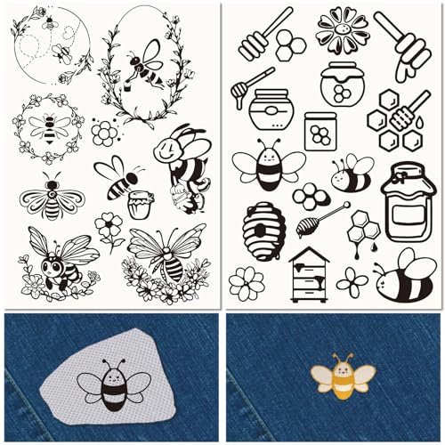 craspire 51Pcs Abeille Hydrosoluble Broderie Stabilisateurs Honeybee Hive Pot de Miel Fleur Couture à la Main Bâton et Point A4 Transferts Tissu Lavable Pré Imprimé Auto Adhésif pour Les Amateurs