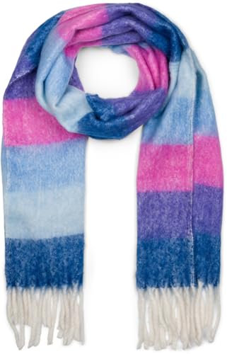 styleBREAKER Damen Web-Strickschal mit breiten bunten Streifen und dicken Fransen - Warmer Winter-Schal, mehrfarbig 01017160, Farbe:Dunkelblau-Violett-Pink-Blau
