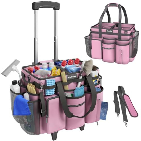 Rolling Cleaning Caddy Bag with Detachable Trolley, Cleaning Supplies Organizer Cart on Wheels, Cleaning Supply Caddy for Housekeepers, Large Professional Detailing Bag Tote for Home, Car (Pink)