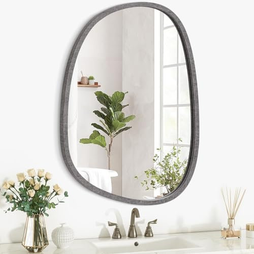 Lzuso Unregelmäßiger Wandspiegel mit Holzrahmen Modern Oval Asymmetrisch Einzigartig Hängender Spiegel Künstlerischer Spiegel Dekor Schlafzimmer Bad Eitelkeit Wohnzimmer Flur Groß Braun 40x30cm