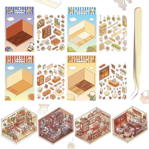Katyjun 4 Sets 3D Sticker Scene, DIY Sticker Room mit Tweezers für Relief Stress Pass The Time