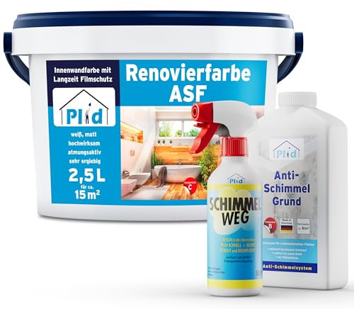 Plid® Anti Schimmel Renovierfarbe Innen Weiß 2,5L inkl. Spray + Grundierung [SANIER-SET] - Antischimmelfarbe für feuchte Räume, Bad & Küche - Wandfarbe weiß - Langzeitschutz gegen Schimmelbefall