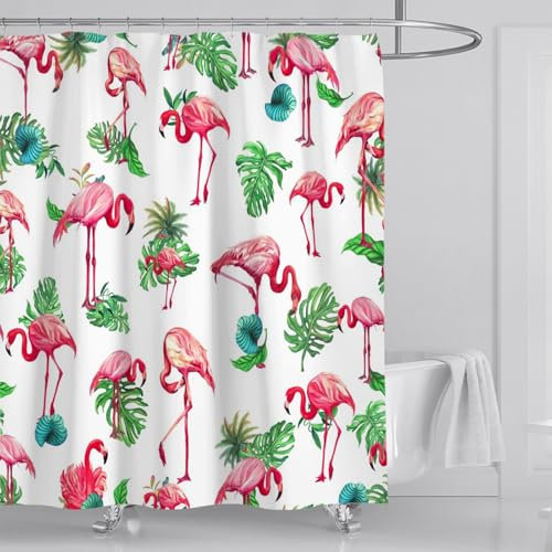 FLORAWEG Duschvorhang,Badvorhang, Tier, Flamingo,Vogel,Digitaldruck -Anti Schimmel - Inklusive 12 Ringe - Wasserdicht -Waschbar- Polyester - 180x200 cm (Flamingo 1)
