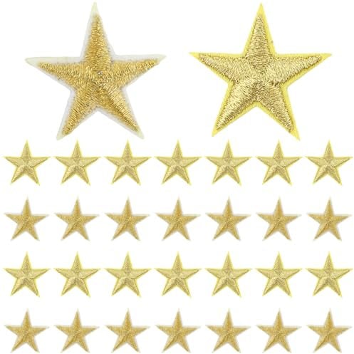 30 Stück Goldene Sterne Patches zum Aufbügeln, 2,9 cm Bügelbilder für Textilien, Aufnäher zum Aufnähen, Bestickte Applikationen für Kleidung, Jacken, Rucksäcke, Hüte, Jeans, DIY Verzierungen