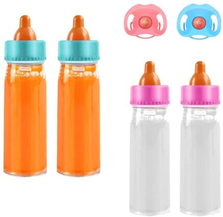 JINJUMEI 4 Stück Puppenflasche Mit Milch und 2 Stück Puppenschnuller, Magische Flasche, Magie Puppenzubehör, Flüssigkeit Verschwindet Beim Kippen für Kinder, ab 3 Jahre