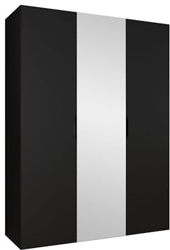 Mirjan24 Kleiderschrank mit Spiegel, Einlegeböden und Kleiderstange Midere 150, Vielseitiger Drehtürenschrank, Elegantes Kleiderschrank 3-türig (Schwarz)