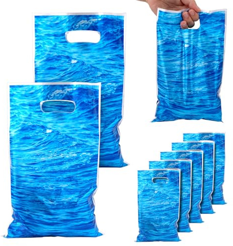 50st Meereswellen Partytüten, Blau Unterwasserwelt Goodie Bag mit Griffen Geburtstags- Strand- Ozean- Poolparty Geschenktüten Dekoration für Geschenke Leckereien Süßigkeiten Aufbewahrungszubehör
