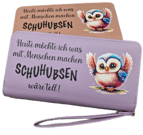 Damen Geldbeutel mit Spruch – „Heute möchte ich was mit Menschen Machen, Schuhubsen wäre toll!“ – Lustige Geldbörse mit Eulen Motiv – Geschenk für Frauen, Mama, Oma, Freundin – in Rose oder Lila