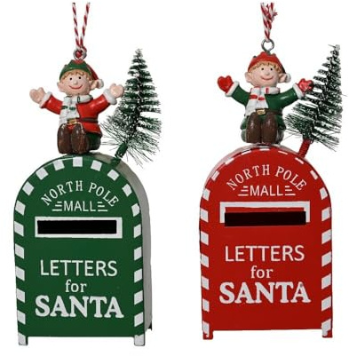 Kaemingk Weihnachtsbriefkasten-Ornament, Eisen und Kunststoff mit Elfe und Baum für Innen- und Außenbereich, Urlaubsdekoration, 10 cm, 1 Stück, sortiert