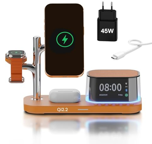 MMOBIEL Inductive Charging Station for iPhone, Apple Watch and AirPods - 5-in-1 Qi2.2 Wireless Station 25W for MagSafe - With Alarm Clock & Speaker - Includes 45W Adapter – Orange