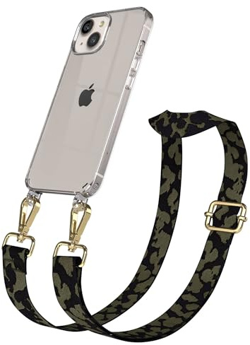 EAZY CASE Handykette - Verstellbares Taschenband kompatibel mit iPhone 13, Schulterriemen, Handykordel mit Silikon Hülle, Umhängetasche, Dunkelgrün Camouflage Gold