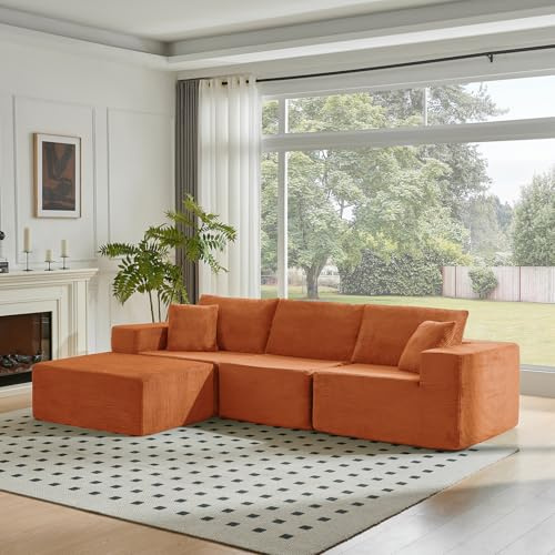 CHOSHOME 275cm Ecksofa mit Schlaffunktion - Big Modulares L-Form Cloud Couch, Cord Boneless Sofa Bed mit Ottomane, 4-Sitzer-Sektionssofas für Wohnzimmer, Keine Montage erforderlich, Orange