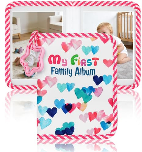 Ainiv Baby Fotoalbum 17 Fotos (6.5x4.5 Zoll), Babyalbum aus Weichem Stoff | Erstes Jahr Babyalbum, Zartes Babytagebuch für Neugeborene/Kleinkinder/Kinder/Baby Dusche Erinnerung (Rosa - Herz)
