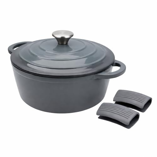 Everypan Éclat 5.5L Cast Iron Dutch Oven with Silicone Handle Covers, Enamelled Non-Stick Casserole Pot, Heavy-Duty Cookware for Baking, Braising,Roasting Dish & Stews Ironstone Grey 28cm