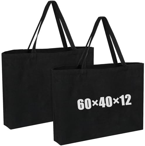 2 Stück Baumwolltasche, 60×40×12cm Super Groß Einkaufstasche mit Verdicken Handband, Verdicken Vielseitig Stoffbeutel, Wiederverwendbare Unbedruckt Baumwollbeutel für Einkauf, Reisen, Sport
