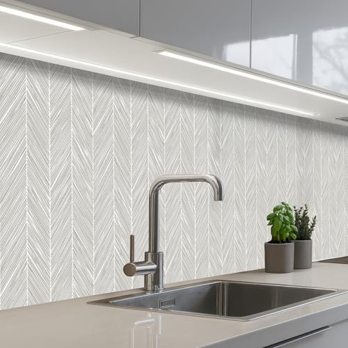 KitchenYeah© Spritzschutz Küchenrückwand Küche Abwaschbar Selbstklebend | 60x400 cm - Küchenwand Küchenfront Küchen Rückenwand Wandschutz Klassisch - Fischgrätenmuster - Grau