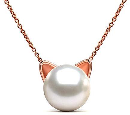 Epoch World Collier Perle pour Femme Fille en Argent 925 Or Rose, Pendentif Perle de Culture 10MM, Collier Femme Chat, Pendentif Chat 40+5CM