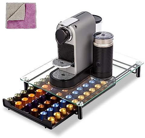 Masthome Tiroir de Rangement pour 60 Capsules Nespresso, Porte Dosette de Café avec Présentoir en Verre, Présentoir Distributeur Tiroir en Maille de Plateau Stockage pour Nespresso