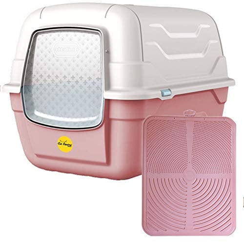 CAT CENTRE Pink Large Litter Tray Hooded Toilet Kittens Cats Charcoal Filter Flap Door Scoop Enclosed High-Sided Loo Box with Mat Bundle