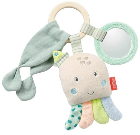 Fehn 054422 Holz-Greifling Oktopus – Babyspielzeug mit Holzring, Musselintuch, Rassel und Spiegel für Babys und Kleinkinder ab 0+ Monaten – Größe: 18 cm