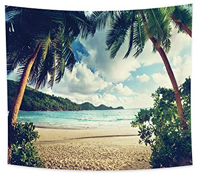 YONGFOTO 220x190cm Palme Wandteppich, Tropisch Strand Sicht Wandteppiche Pflanze Gebirge Meeresoberfläche Wellen Sandstrand Wolken Skyline Wandteppich für Wohnheim Dekor Strandmatte Decke
