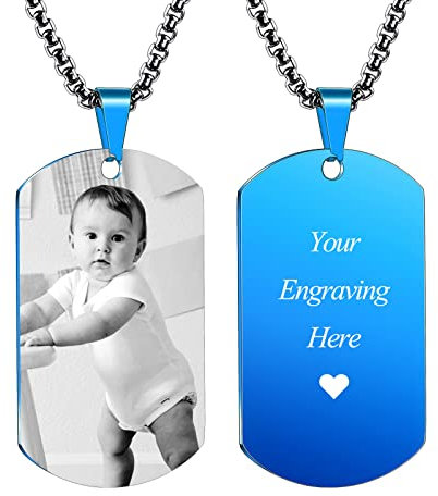 INBLUE Personalisierte Dog Tag Anhänger Halskette Gravur Text/Bilder/Erinnerung Foto Edelstahl Halskette für Männer Frauen Bündel mit Verstellbarer Kette, Schlüsselanhänger, Schalldämpfer(Blaue)