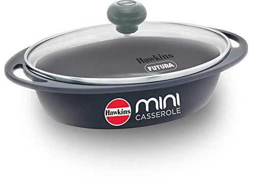 Hawkins 0.75 Litre Mini Casserole with Glass Lid, Oval Shaped Die-Cast pan for Cooking, Reheating, Serving and Storing, Grey (DCG75G)