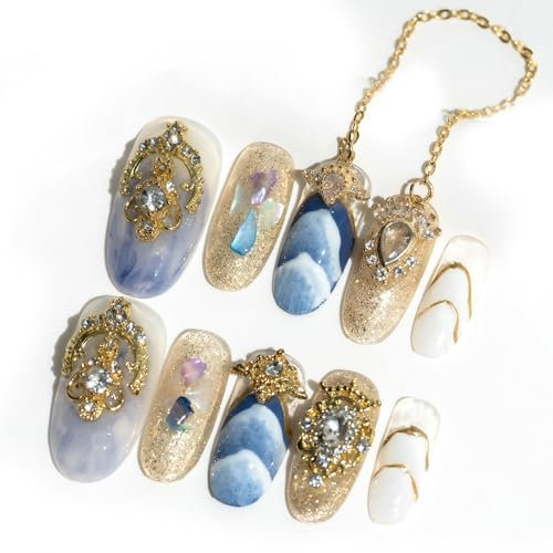 Sun&Beam Nails Handgefertigte Kunstnägel Mittel Lang Oval Nägel zum Aufkleben in Blau Gold Weiß Ombre Verlauf Elegant Design mit Klebepads 10 Stück (#075 S)