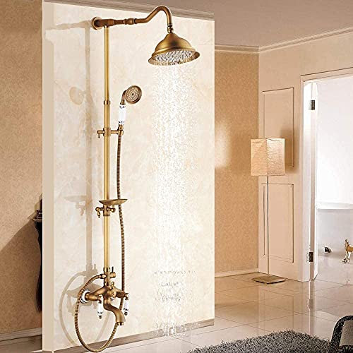 DERBUT Wandhalterung für den Außenbereich, 20,3 cm, Regendusche, Wasserhahn-Set, Antik-Messing, Zwei Griffe, schwenkbarer Wannenauslauf, Badewannen-Duschmischer + Seifenschale