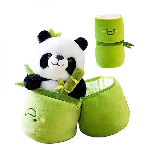 TROYSINC Peluche panda en bambou de 25 cm - Avec sac en bambou - Cadeau pour enfants - Panda 2 en 1 dans des tubes de bambou