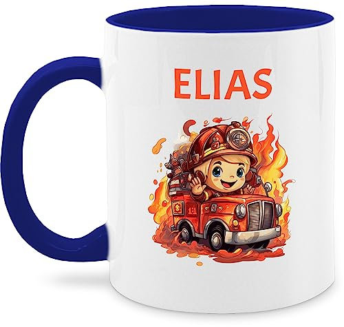 Tasse Tassen 325ml - Feuerwehr - Geschenk Feuerwehrmann mit Name personalisiert I Löschfahrzeug Motiv - 325 ml - Dunkelblau - personalisierte kinder feuerwehrtasse feuerwehrauto auto kaffeetasse