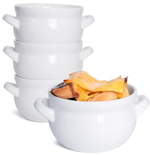 Vumdua Soup Bowls with Handles, 16 Oz Ceramic French Onion Soup Bowls - Stackable Oven Safe Bowls Serving Soup Crocks for Soup, Cereal, Chilli, Pot Pies, Set of 4, White