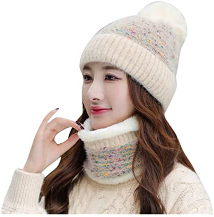 DondPO Mütze Schal Set, Stricken Fleece Kaschmir Baumwolle Schal Handschuhe Warm Set Cashmere Loop Kapuzenschal Hut Knitted Winter Elegant Cozy Wintermütze Mützen