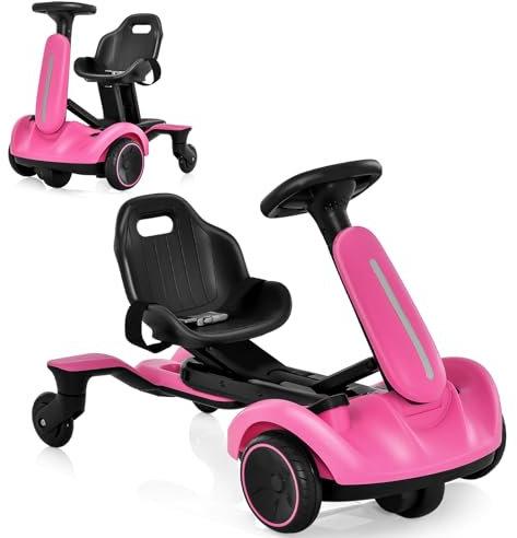 COSTWAY 6V Gokart Elektro, Go Cart mit 2-Fach verstellbarem Sitz & 5 Rädern, Lenkrad, Driftfunktion, 4-5 km/h, Kinder Elektroauto, Kinderfahrzeug für Kinder ab 3 Jahre alt (Rosa)
