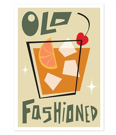 Animato Old Fashioned Print, Cocktail-Poster, gerahmte Wandkunst, moderne Küchendekoration, Getränkeposter, Geschenkidee, Archiv-matt, A3 (nur Druck) – 42 x 29,7 cm